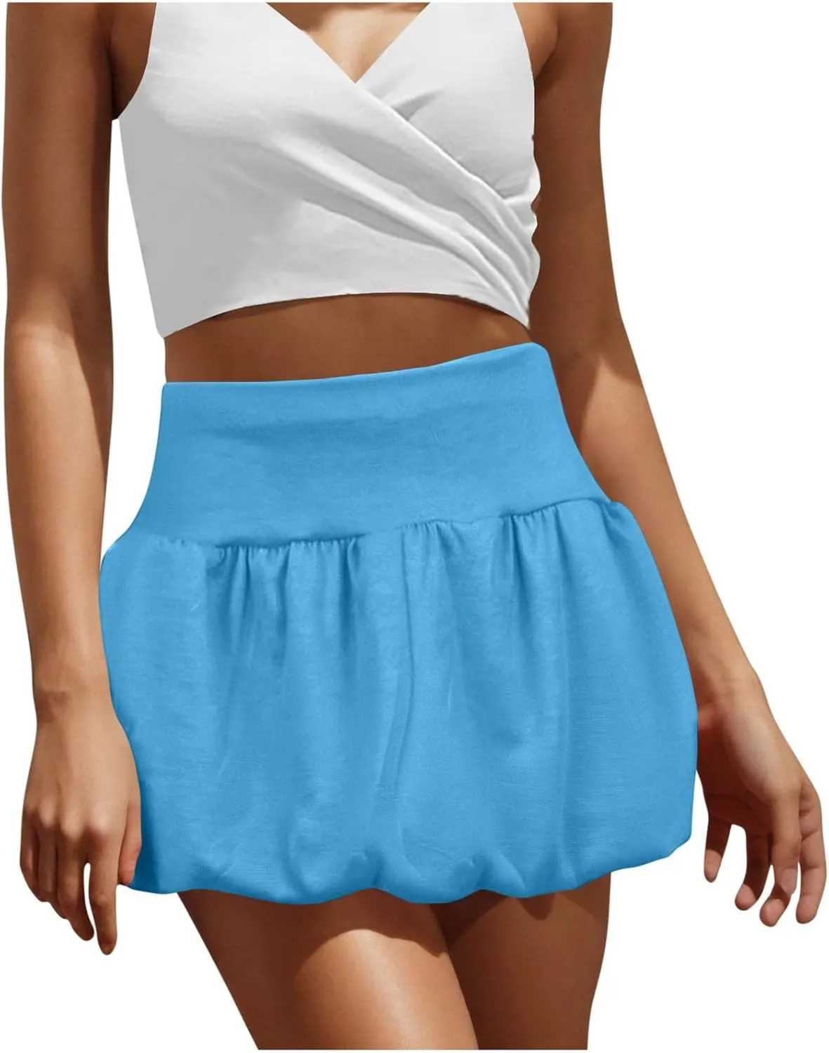 Women's Summer Mini Skirt Elastic High Waisted Cute A-Line Pleated Swing Ruffle Beach Vacation Short Skirts