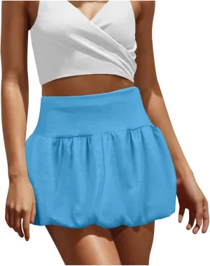 Women's Summer Mini Skirt Elastic High Waisted Cute A-Line Pleated Swing Ruffle Beach Vacation Short Skirts