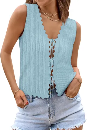 Womens Tie Front Tops Trendy 2025 Summer V Neck Sleeveless Sweater Vests Fashion Cute Crochet Knit Tops