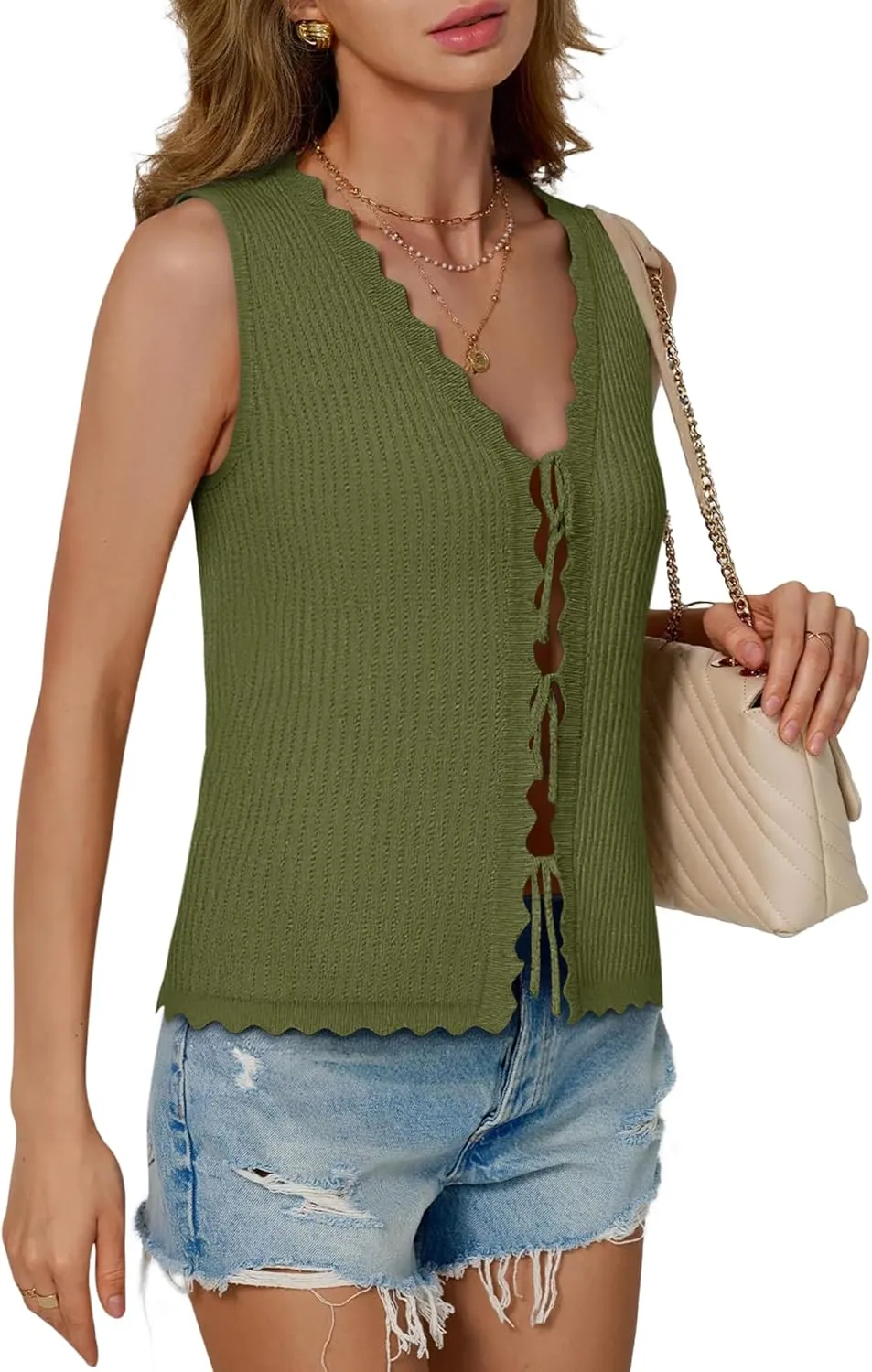 Womens Tie Front Tops Trendy 2025 Summer V Neck Sleeveless Sweater Vests Fashion Cute Crochet Knit Tops