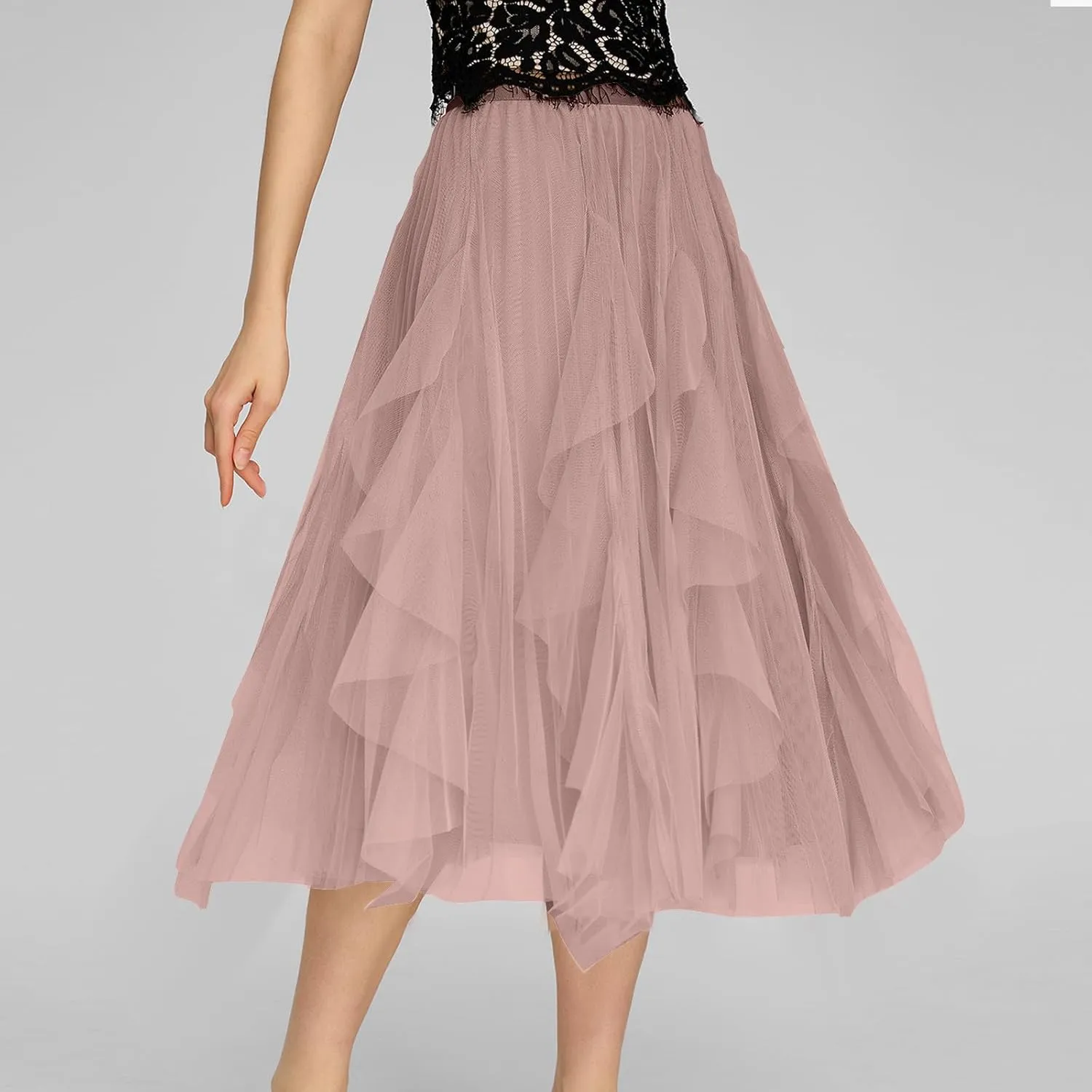 Women's Tulle Skirt High Low Asymmetrical A-Line Fairy Elastic High Waist Mesh Layered Pleated Long Midi Skirts