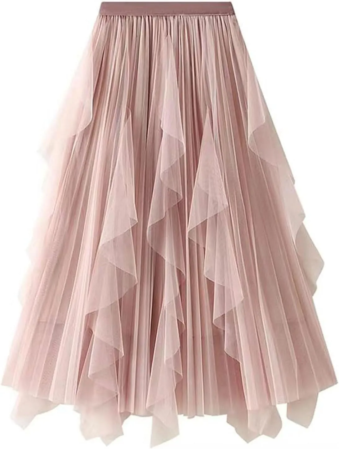 Women's Tulle Skirt High Low Asymmetrical A-Line Fairy Elastic High Waist Mesh Layered Pleated Long Midi Skirts