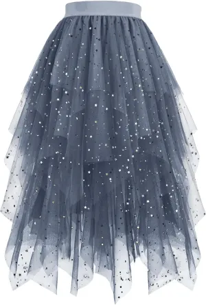 Women's Tulle Sparkly Skirts High Waisted Lightweight Quick Dry Mesh Midi Casual Smooth Aline Swing Skirt