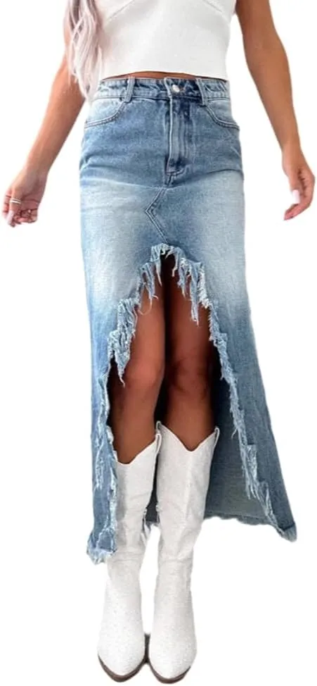 Wuitrie Jean Skirts for Women Denim Summer High Waisted Irregular Tassels Midi Skirt with Pockets Jean Skirt Cowgirl Skirt