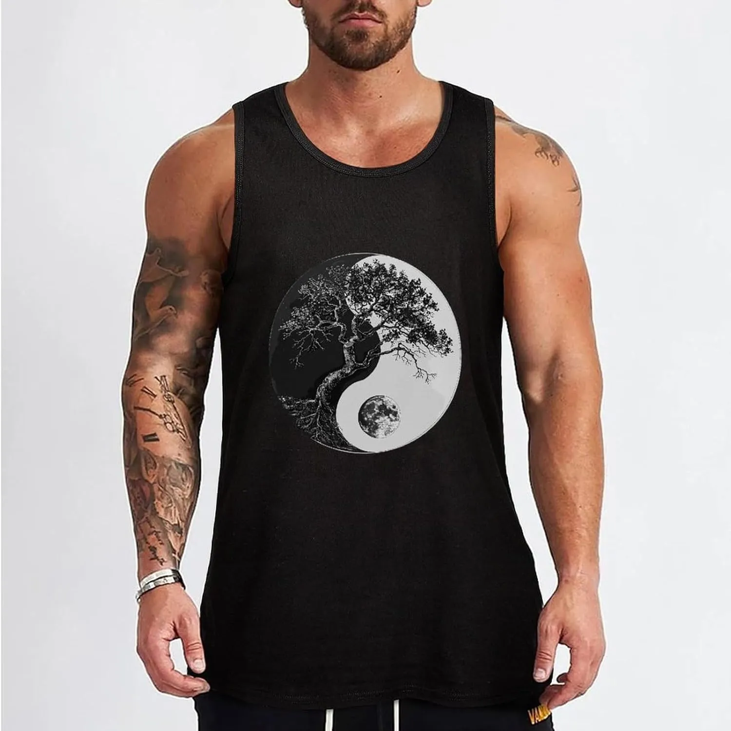 Yin and Yang Black White Tree Mens Tank Top Cotton Undershirt Crewneck Sleeveless Shirt for Summer
