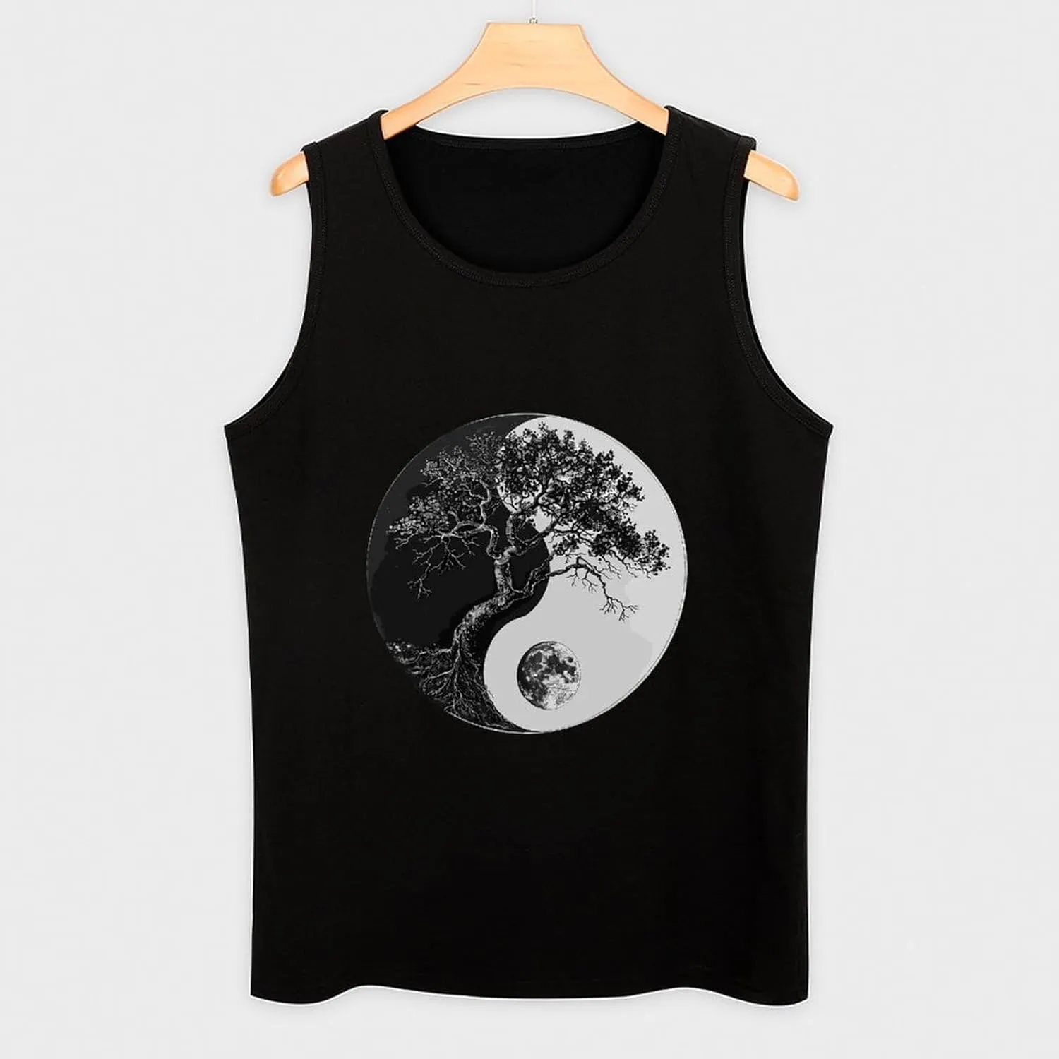 Yin and Yang Black White Tree Mens Tank Top Cotton Undershirt Crewneck Sleeveless Shirt for Summer