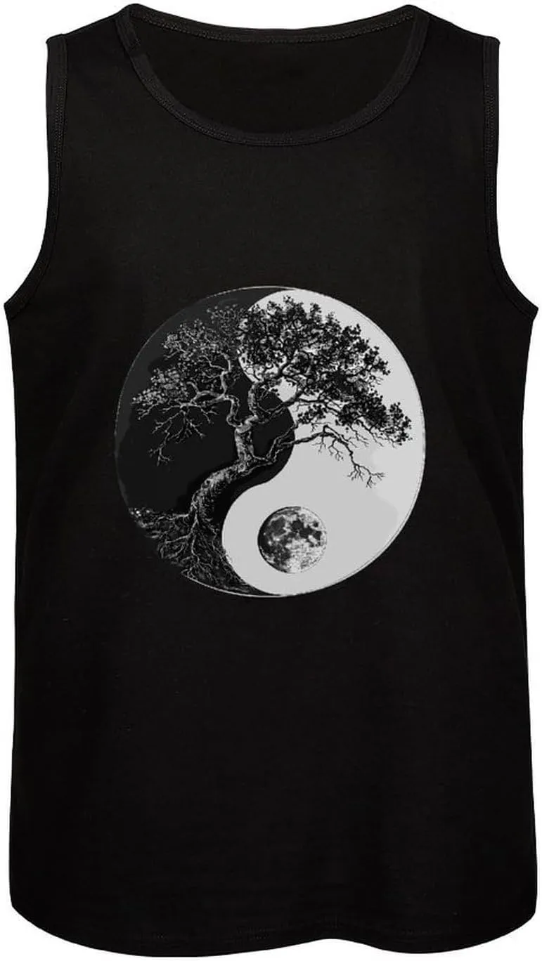 Yin and Yang Black White Tree Mens Tank Top Cotton Undershirt Crewneck Sleeveless Shirt for Summer