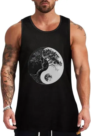 Yin and Yang Black White Tree Mens Tank Top Cotton Undershirt Crewneck Sleeveless Shirt for Summer