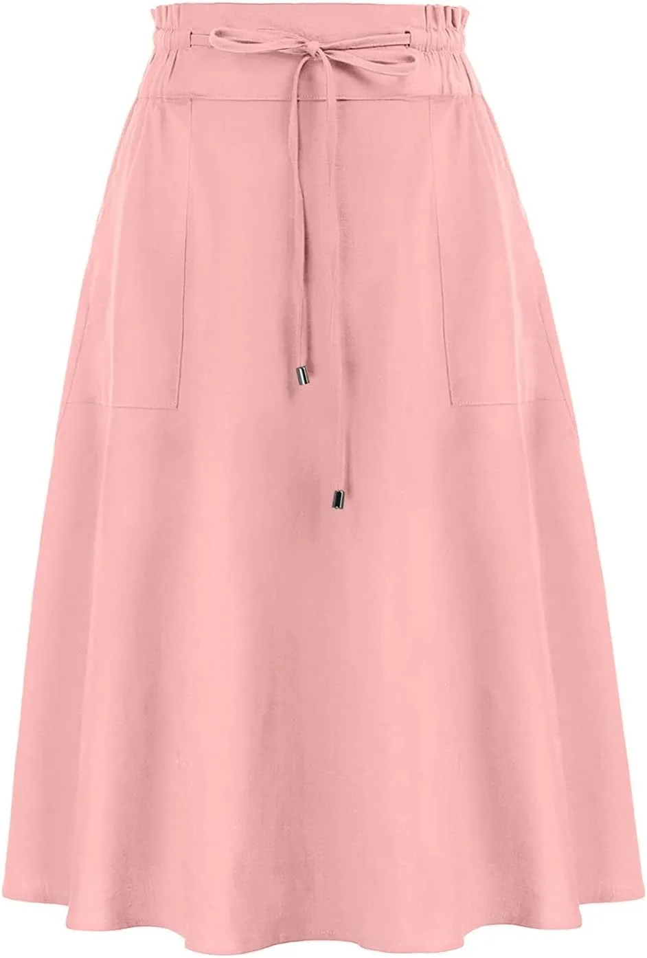YOLAI Women Elastic High Waist Solid Colours Boho Knee Length Skirt Casual Drawstring A Line Long Skirt with Pockets