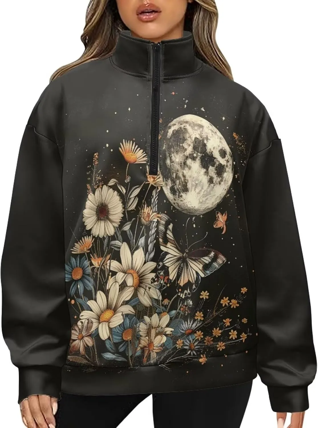 Ystardream Oversized Quarter Zip Sweatshirt Women Half Zip Hoodies S-3XL