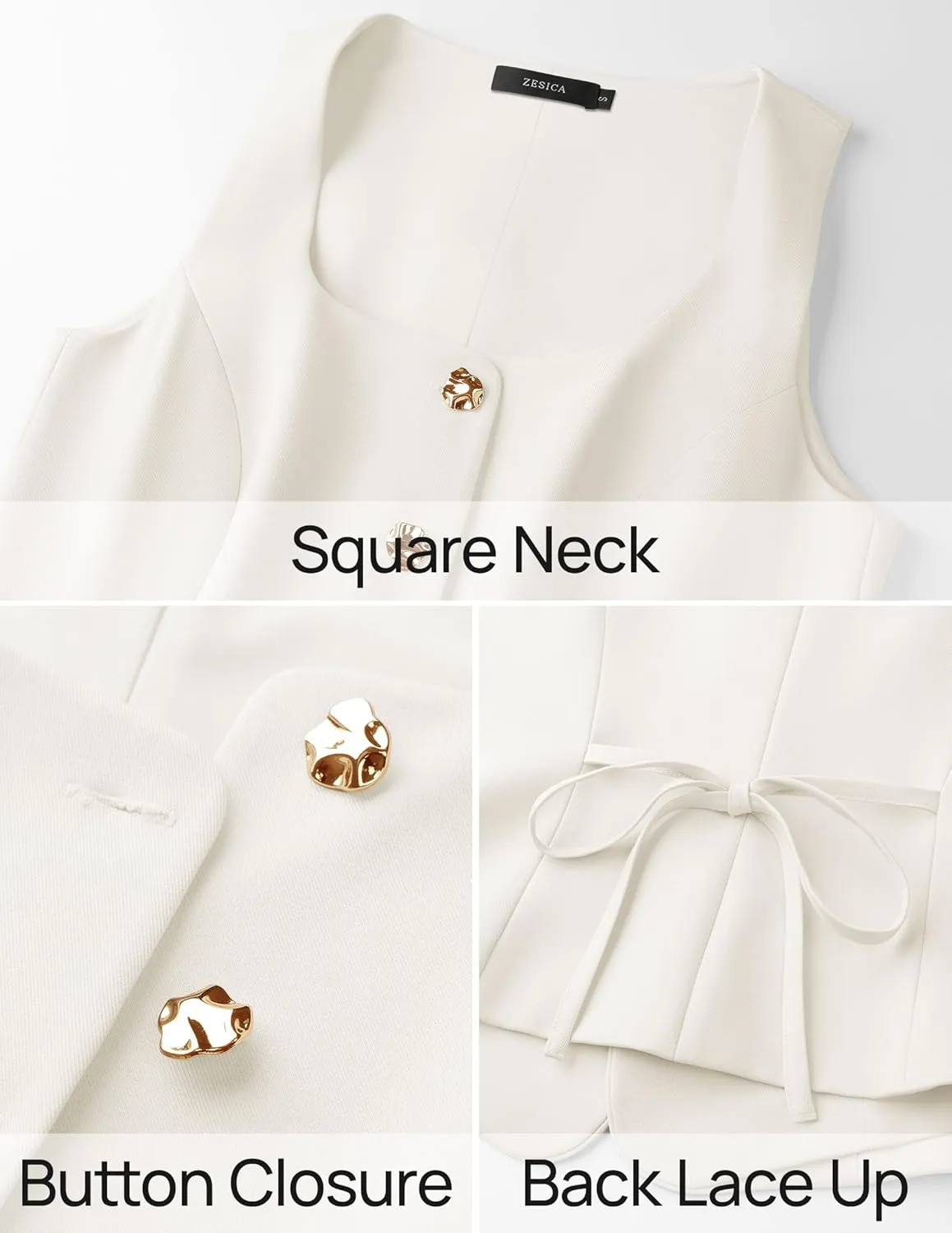 ZESICA Women's 2025 Summer Casual Sleeveless Suit Vest Square Neck Button Down Work Business Blazer Vests Waistcoat