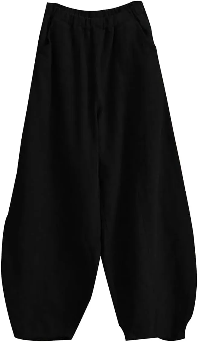 ZOCAVIA Women's Cotton Linen Pants Casual Elastic Waist Baggy Harem Pants Japanese Pants Loose Lantern Trouser with Pockets
