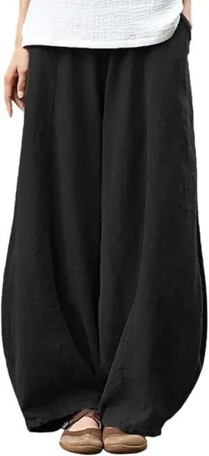 ZOCAVIA Women's Cotton Linen Pants Casual Elastic Waist Baggy Harem Pants Japanese Pants Loose Lantern Trouser with Pockets