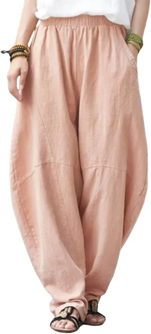 ZOCAVIA Women's Cotton Linen Pants Casual Elastic Waist Baggy Harem Pants Japanese Pants Loose Lantern Trouser with Pockets
