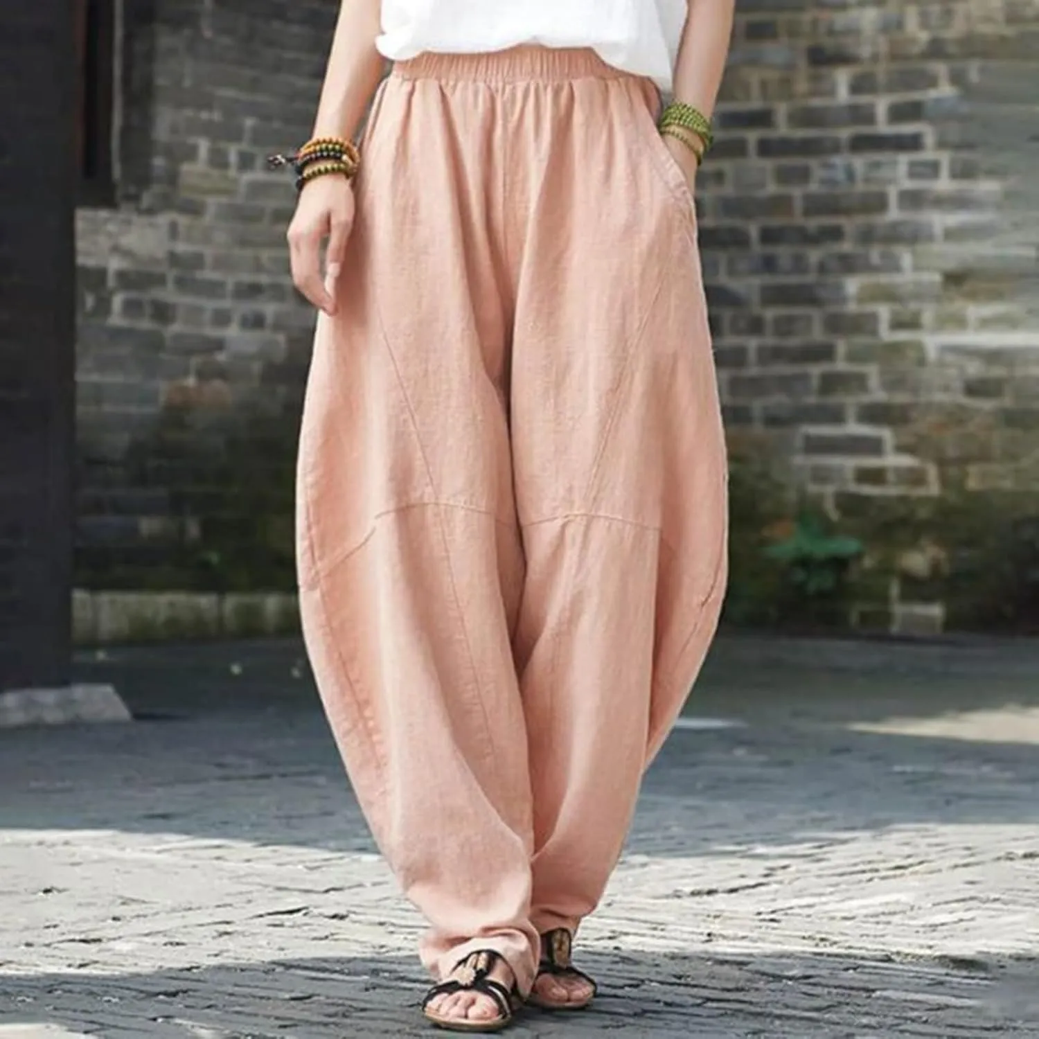 ZOCAVIA Women's Cotton Linen Pants Casual Elastic Waist Baggy Harem Pants Japanese Pants Loose Lantern Trouser with Pockets