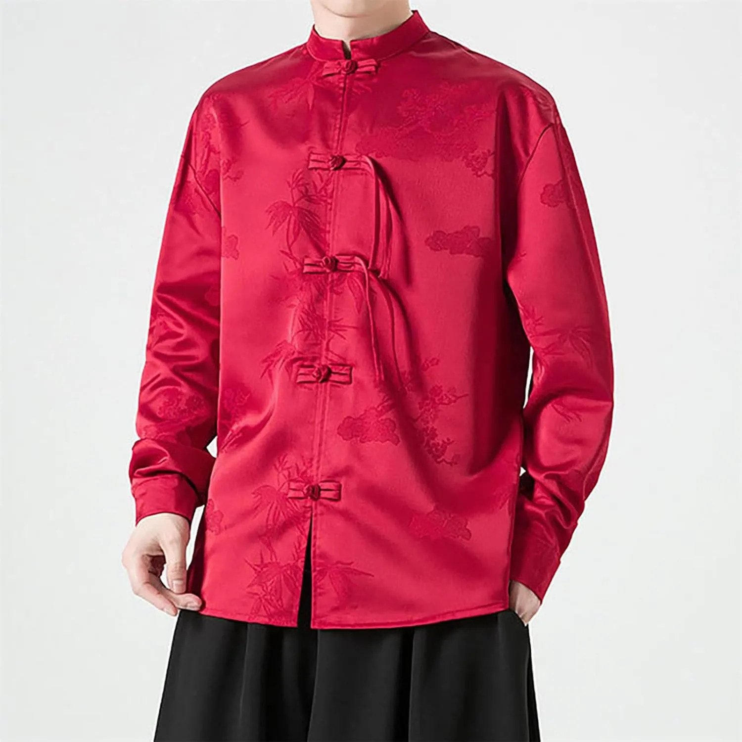 ZYXTIM Tai Chi Clothing Kung Fu Chinese Traditional Uniform Tops Luxury Flowered Printed Button Down Satin Shirt Big&Tall