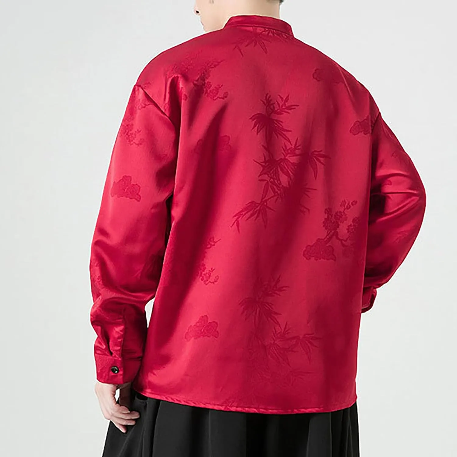 ZYXTIM Tai Chi Clothing Kung Fu Chinese Traditional Uniform Tops Luxury Flowered Printed Button Down Satin Shirt Big&Tall