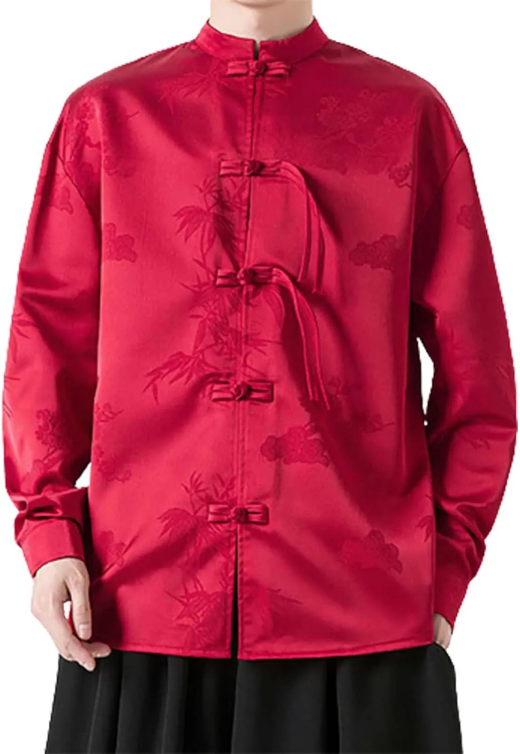 ZYXTIM Tai Chi Clothing Kung Fu Chinese Traditional Uniform Tops Luxury Flowered Printed Button Down Satin Shirt Big&Tall