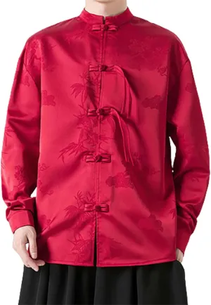 ZYXTIM Tai Chi Clothing Kung Fu Chinese Traditional Uniform Tops Luxury Flowered Printed Button Down Satin Shirt Big&Tall