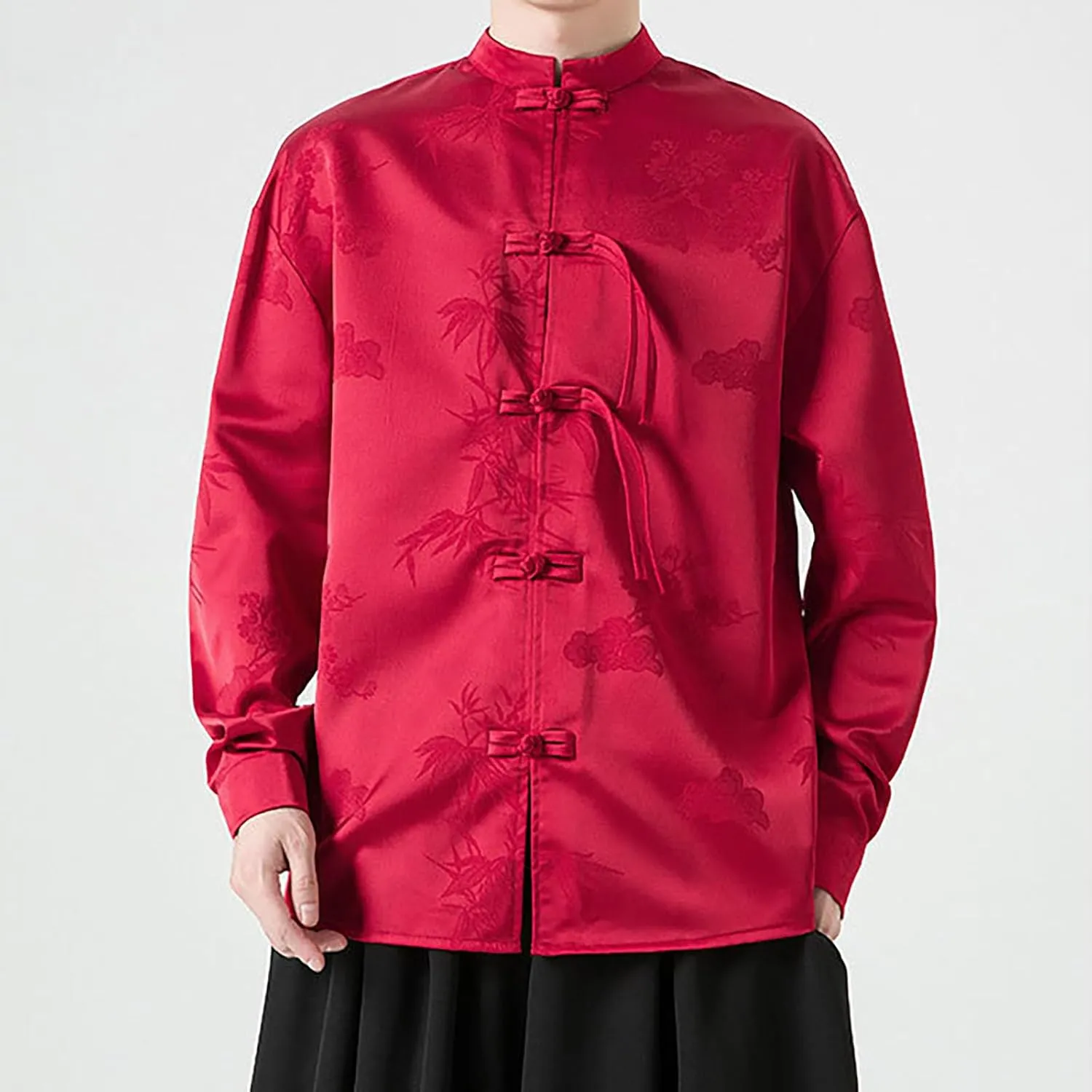 ZYXTIM Tai Chi Clothing Kung Fu Chinese Traditional Uniform Tops Luxury Flowered Printed Button Down Satin Shirt Big&Tall
