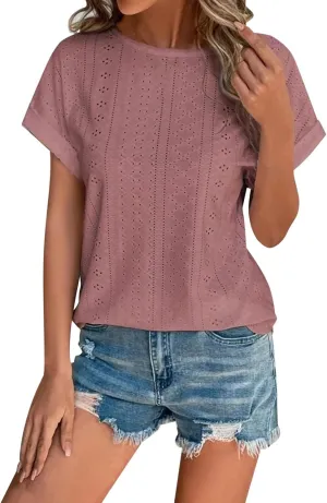 ZYXTIM Women's Eyelet Tops Short Sleeve Trendy Dressy Casual Blouse Lace Hollow Out Loose Fit Beach Vacation Summer Shirts